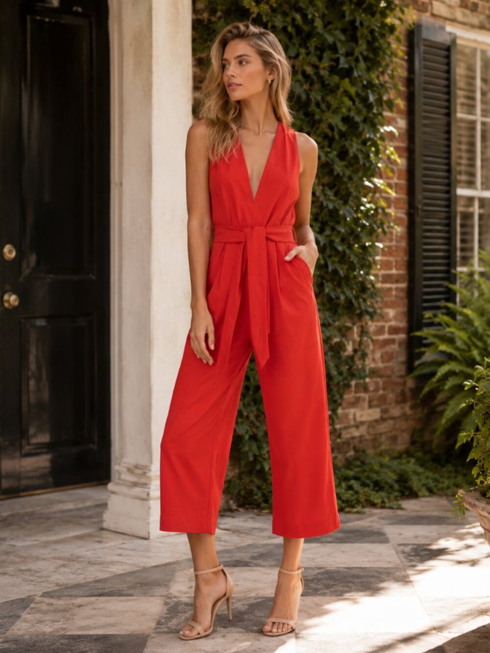 Reiss Daphne plunge red halter cropped jumpsuit